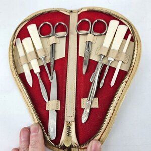 Vintage Manicure Tool Set Stainless Steel 10 pc Beige Leather Case West Germany